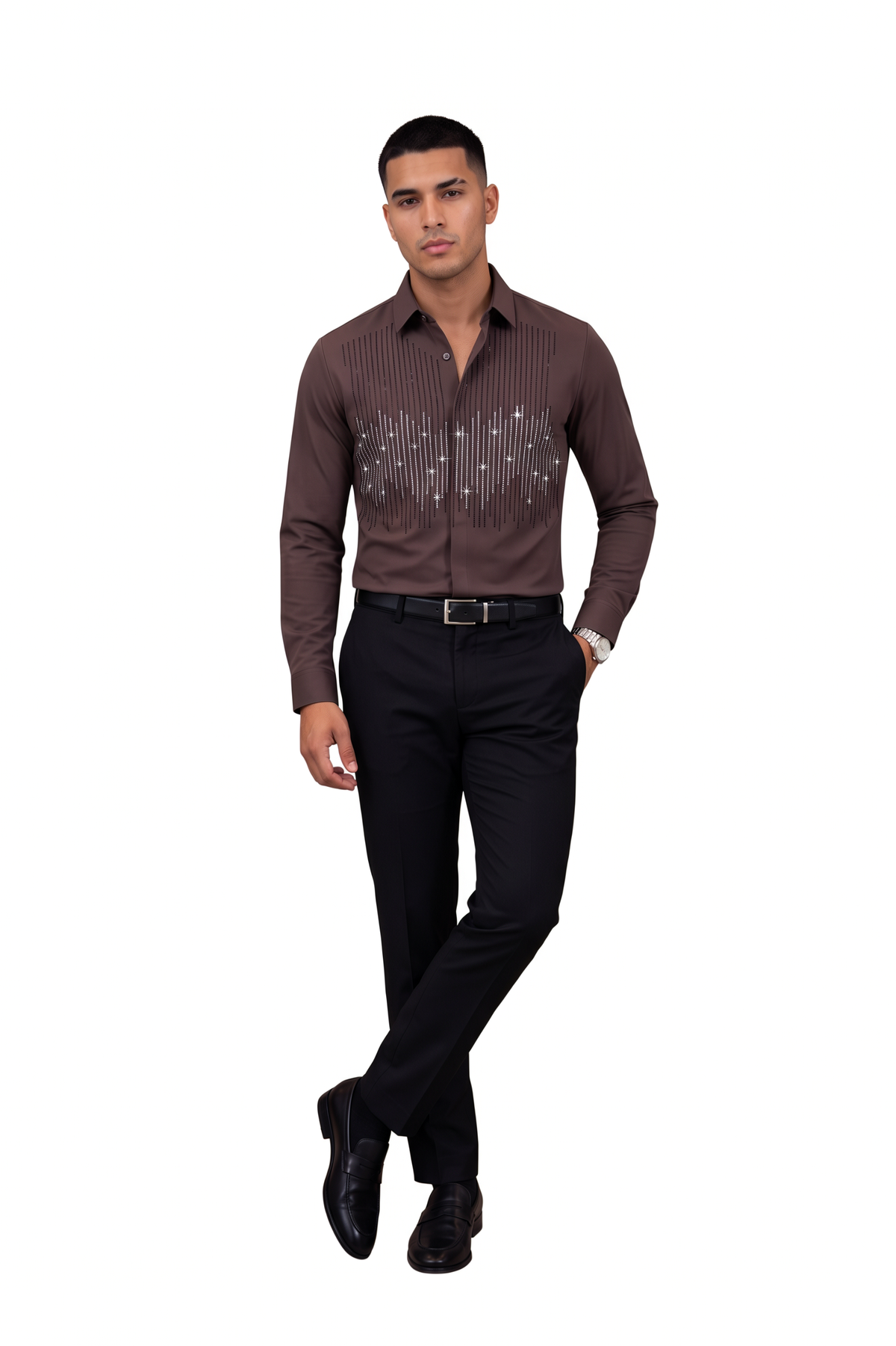 Celebration Regular Fit Long Sleeve Brown Shirt